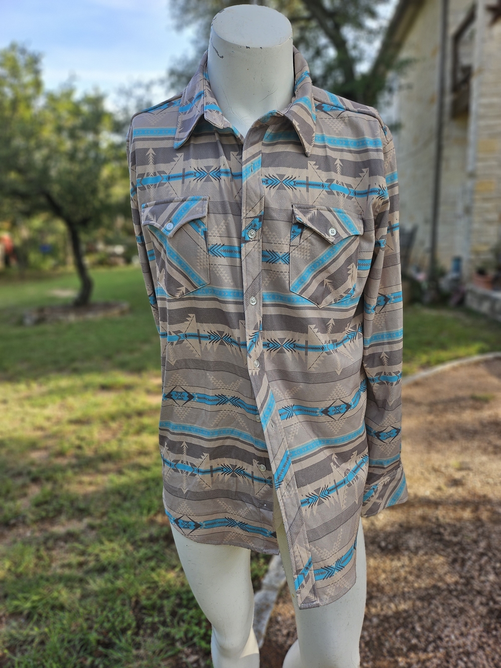 Rock & Roll Denim Modern Fit Shirt Tribal Southwestern - Beige & Turquoise L